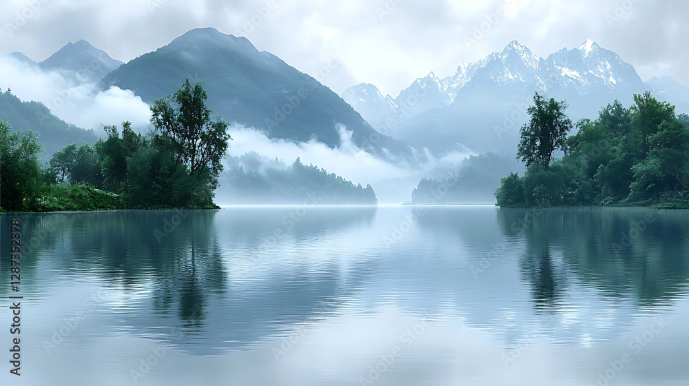 Fototapeta premium Misty Mountains Lake Reflection