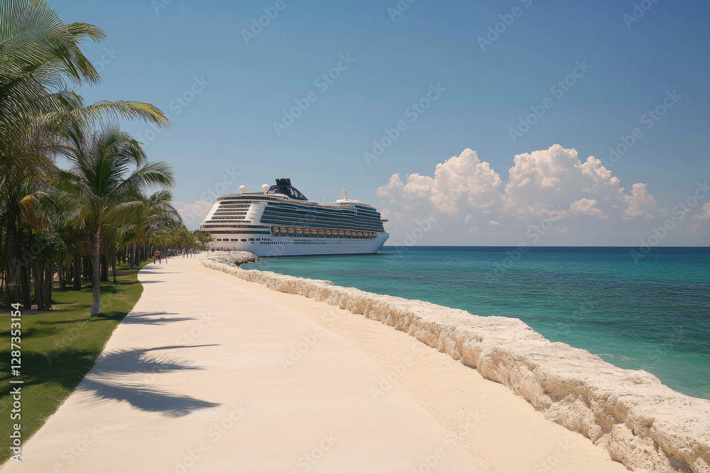 Fototapeta premium A large cruise ship is docked at a beach