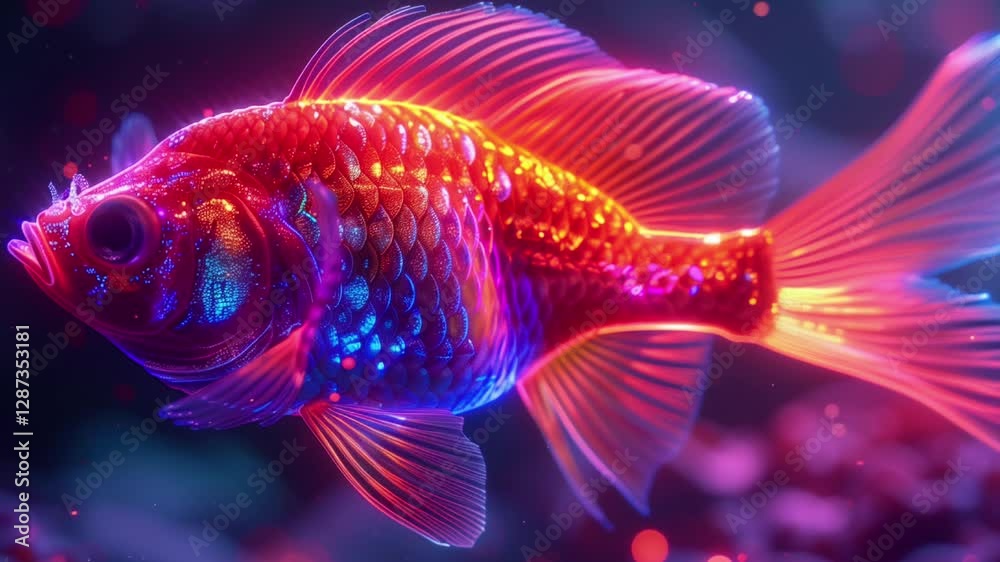 3D modern Fish icon in bright neon graphic style black background. 4K Footage of 3D modern Fish icon in bright neon graphic style black background for design for banner, web design 3D modern Fish icon in bright neon graphic style black background. 4K Footage of 3D modern Fish icon in bright neon graphic style black background for design for banner, web design