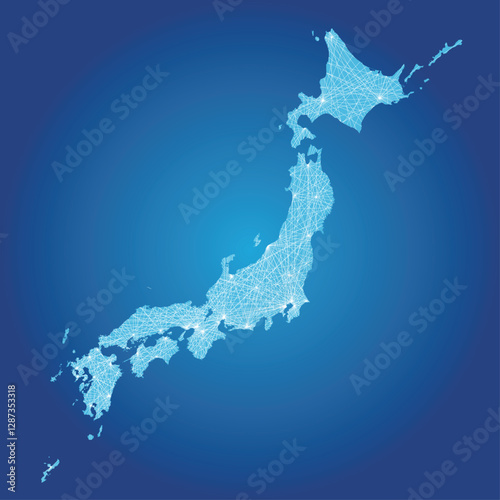 ネットワークのイメージの日本地図、日本列島の地図　通信、インフラ、物流イメージ　ブルー　ダーク背景