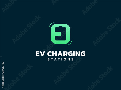Electric vehicle charging with letter E overlapping in Battery Shape Symbol logo vector design concept. EV charging logotype symbol for Electric Car, EV station, ui, infographic, clean energy, website