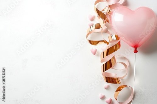 Pink Heart Balloon with Rose Gold Ribbon and Candy Hearts on White Background