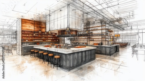 Wallpaper Mural Sketch of an open restaurant kitchen and dining area Torontodigital.ca