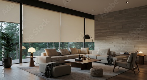 Modern interior with large roller blinds automatic solar and blackout shades
