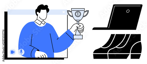 Person holding trophy on screen during online meeting with laptop and chairs. Ideal for remote work, online events, digital celebration, virtual success, achievement, team recognition, motivation