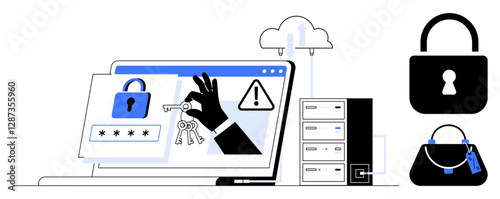 Hacker hand stealing keys from screen, lock icons, server rack, and cloud. Ideal for cybersecurity, data protection, hacking, online privacy, network security secure access digital theft abstract
