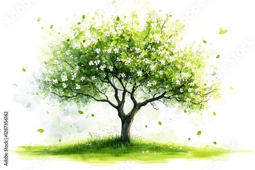 Blooming spring tree, idyllic landscape, watercolor style, nature scene, use for spring themes