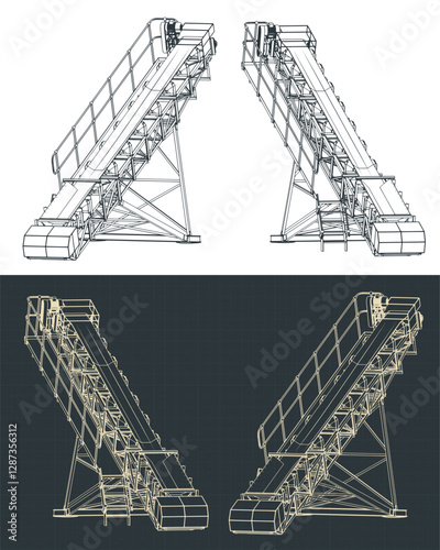 Mine conveyor isometric blueprints illustrations