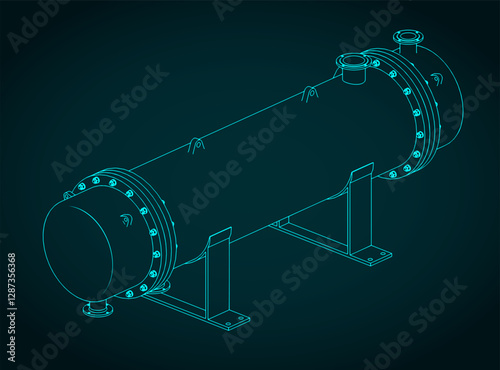 Shell and tube heat exchanger isometric blueprint