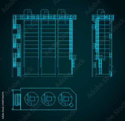 Silo storage system blueprints illustration