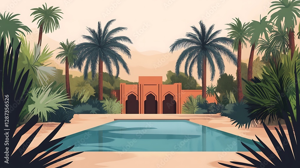 Fototapeta premium Oasis Poolside Architecture Amidst Lush Palm Trees