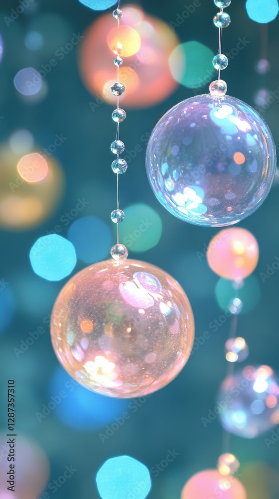 Obraz premium Close-up of Spherical Glass Ornaments with Reflective Beads and Frosted Surface Against Blurred Bokeh Background
