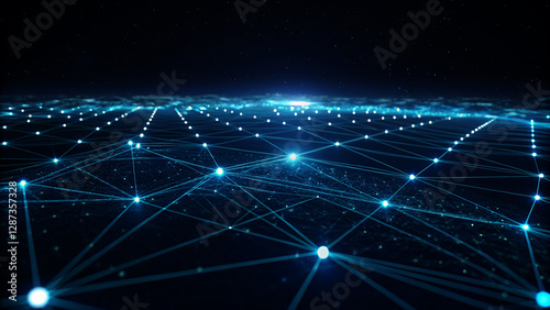 Futuristic Digital Network. Glowing Blue Dots, Geometric Web, and Sci-Fi Landscape