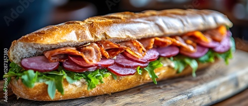 Delicious baguette sandwich with salami bacon and fresh arugula on rustic wooden board