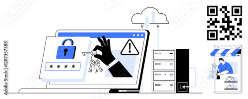 Laptop showing a locked padlock, password field, warning icon, and hand with keys. Cloud, server, QR code, and mobile app with key illustration. Ideal for cybersecurity data protection cloud