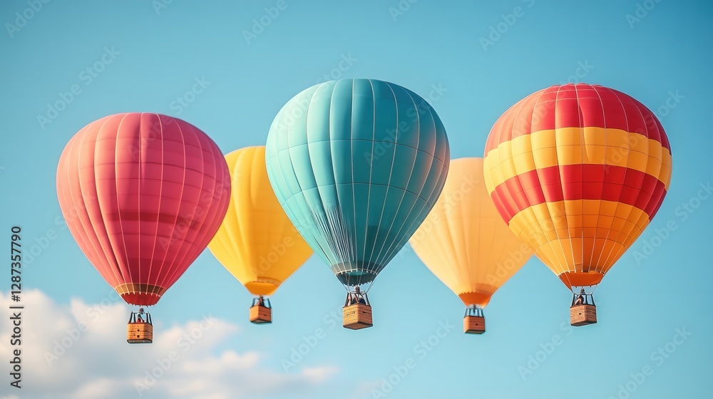 Fototapeta premium Colorful hot air balloons floating in a bright blue sky on a beautiful sunny day adventure