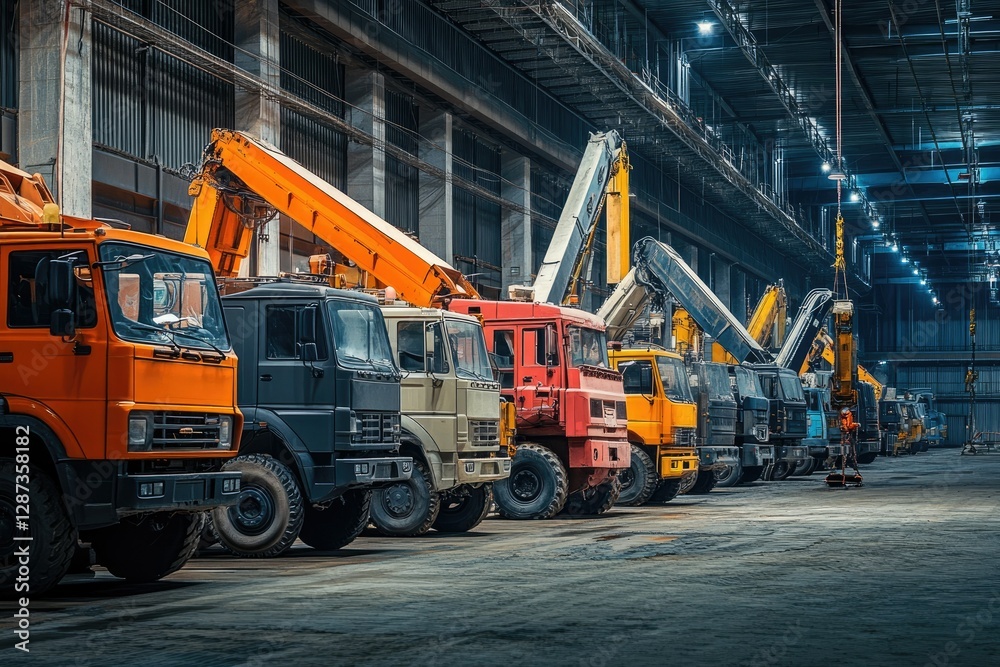 A Row of Large Truck Cranes and Machines at an Industrial Construction Site