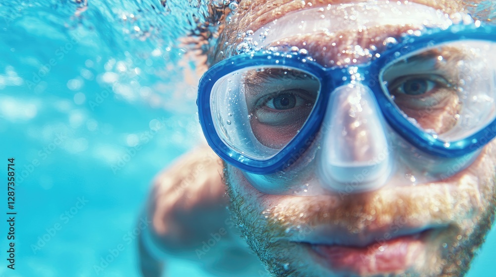 Naklejka premium Man underwater snorkeling, close-up view of face, in clear ocean water. Possible use Stock photo