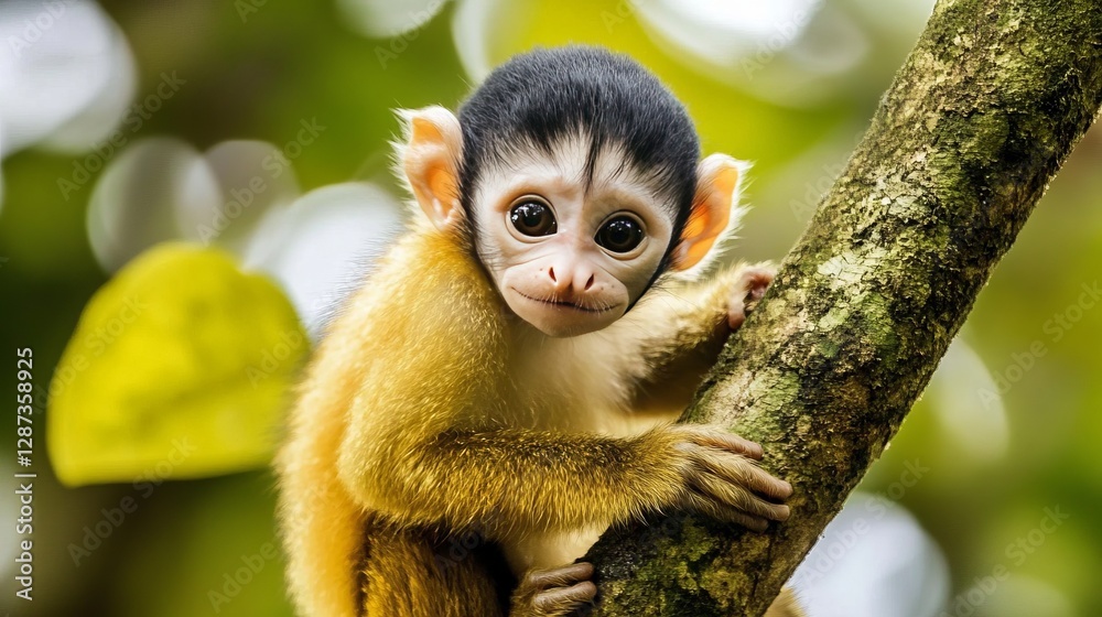 Obraz premium Squirrel Monkey Perched On A Tree Branch, Showcasing Its Curious Gaze In Lush Greenery.