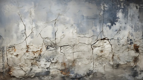 Long Deep Horizontal Crack on a Heavily Damaged Grunge Gray Textured Wall
