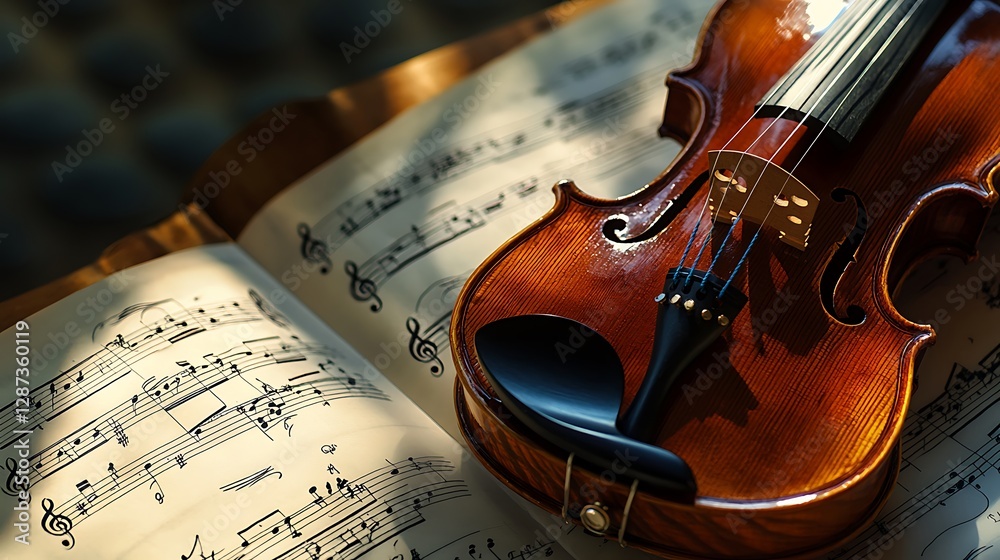 Fototapeta premium Violin Resting on Sheet Music with Warm Lighting and Musical Concept