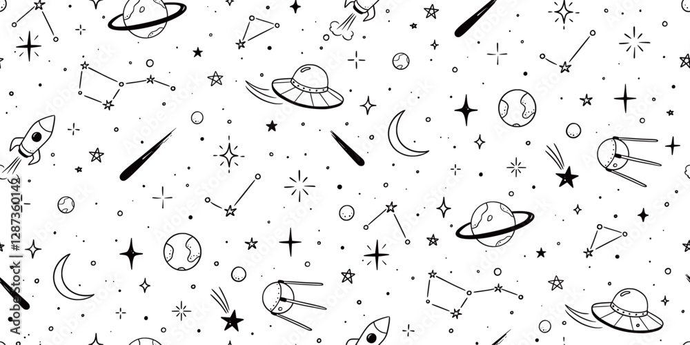 Obraz premium Space star vector seamless pattern. Hand drawn doodle sketch line style galaxy planet star, rocket, moon cute kid seamless pattern. Space planet kid doodle background. Vector illustration