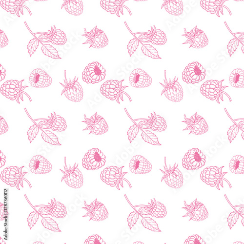 Seamless pattern with raspberries line art style. Great for packaging design and wallpapers. 