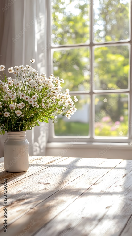 White Daisies in Rustic Vase by Window on Weathered Tabletop with Soft Natural Light