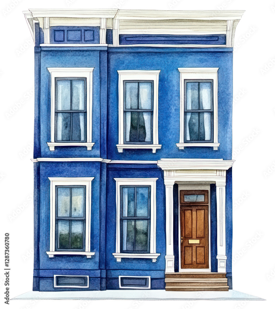 Fototapeta premium PNG Vintage blue town house architecture illustration watercolor.