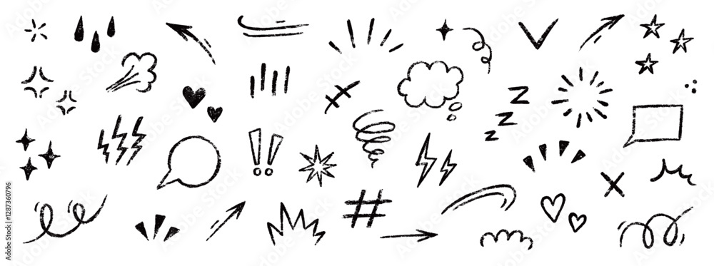 Line movement comic element, cartoon emotion mark effect decoration icon. Hand drawn cute doodle line element arrow, heart, speech bubble. Anime movement, express shape. Vector illustration