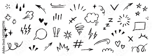 Line movement comic element, cartoon emotion mark effect decoration icon. Hand drawn cute doodle line element arrow, heart, speech bubble. Anime movement, express shape. Vector illustration