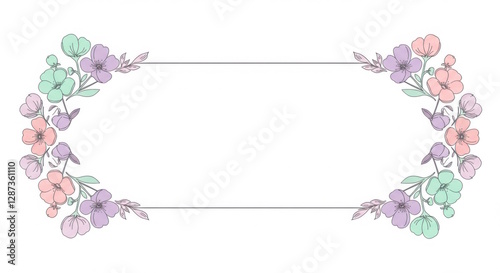 A simple line-art frame with pastel-colored blossoms, great for modern stationery or digital designs.