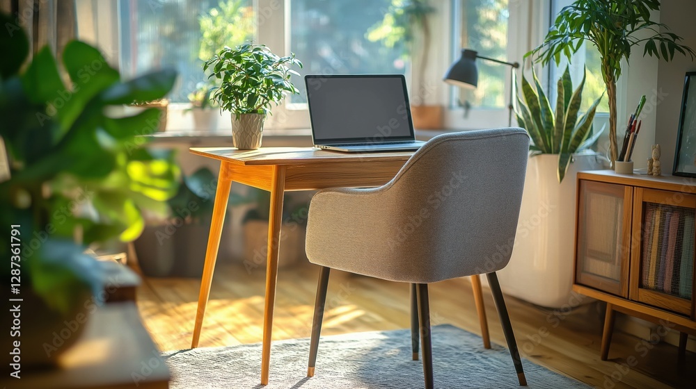 Fototapeta premium Modern home office with a laptop, plants, and natural light, perfect for remote work, against a cozy workspace backdrop with copy space