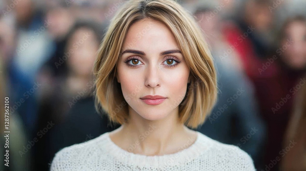 Young woman with short hair surrounded by blurred crowd in park