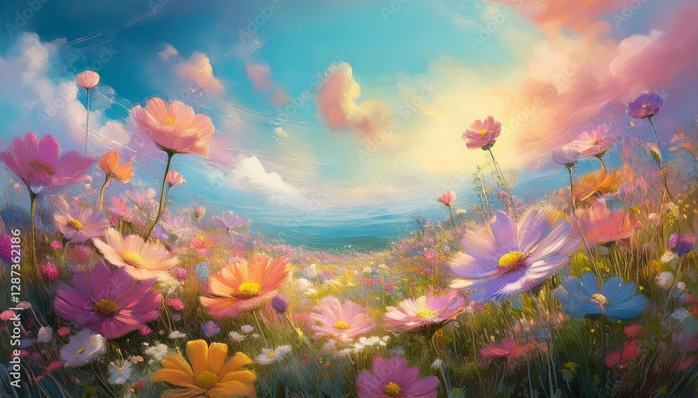 Obraz premium Flowers Field against the sky in painting style image, part 19