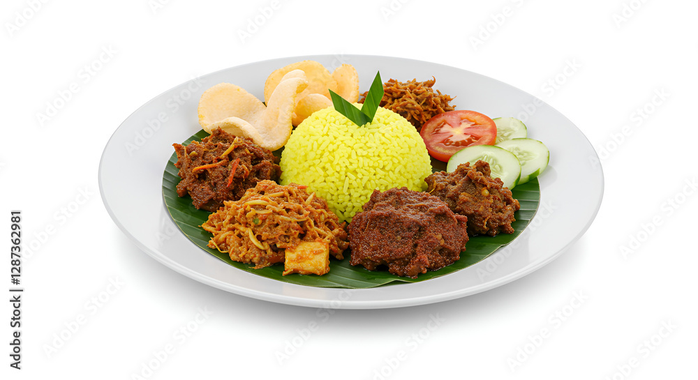 Authentic Indonesian Nasi Kuning (yellow rice) served with flavorful shredded chicken, beef rendang, crackers, and fresh vegetables. Authentic Indonesian Nasi Kuning (yellow rice) served with flavorful shredded chicken, beef rendang, crackers, and fresh vegetables.