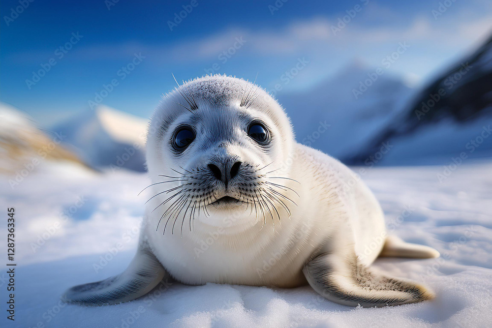 Naklejka premium Foca bebé sobre la nieve en un paisaje ártico, con montañas y cielo despejado de fondo
