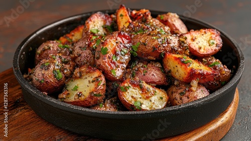 Roasted red potato wedges in cast iron skillet photo