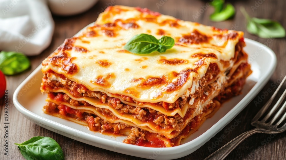 Delicious homemade lasagna topped with fresh basil on a rustic wooden table. Delicious homemade lasagna topped with fresh basil on a rustic wooden table.