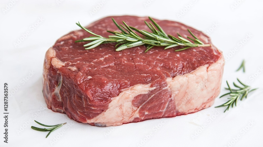 A fresh cut of red meat garnished with rosemary, ideal for grilling or roasting, showcasing quality and flavor. A fresh cut of red meat garnished with rosemary, ideal for grilling or roasting, showcasing quality and flavor.