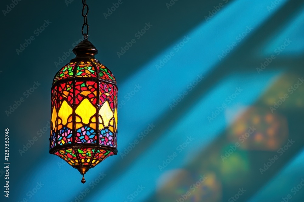 A stained glass lamp hanging from the ceiling with vibrant colors A stained glass lamp hanging from the ceiling with vibrant colors