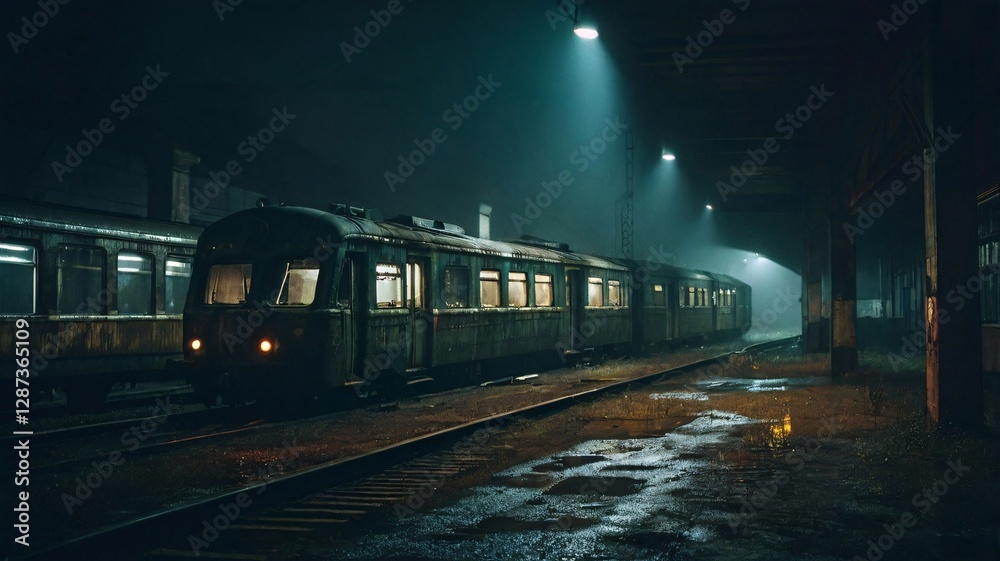 Dark Night at an Abandoned Train Station A Green Train Under Dim Lights Dark Night at an Abandoned Train Station A Green Train Under Dim Lights