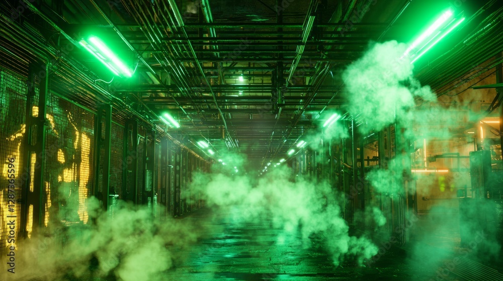 Obraz premium Cramped Steel Corridors with Green Neon Lights and Fog Effects