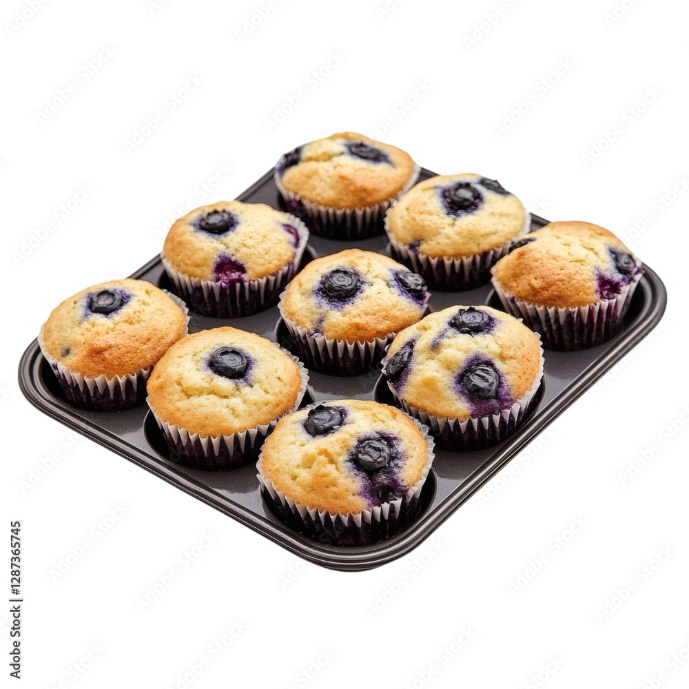 A Fresh Batch of Blueberry Muffins on a Tray Isolated on Transparent Background A Fresh Batch of Blueberry Muffins on a Tray Isolated on Transparent Background