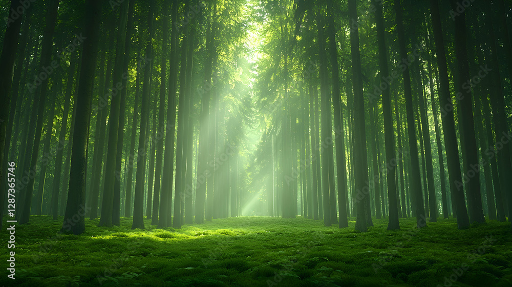 Fototapeta premium Sunbeams in misty green forest path