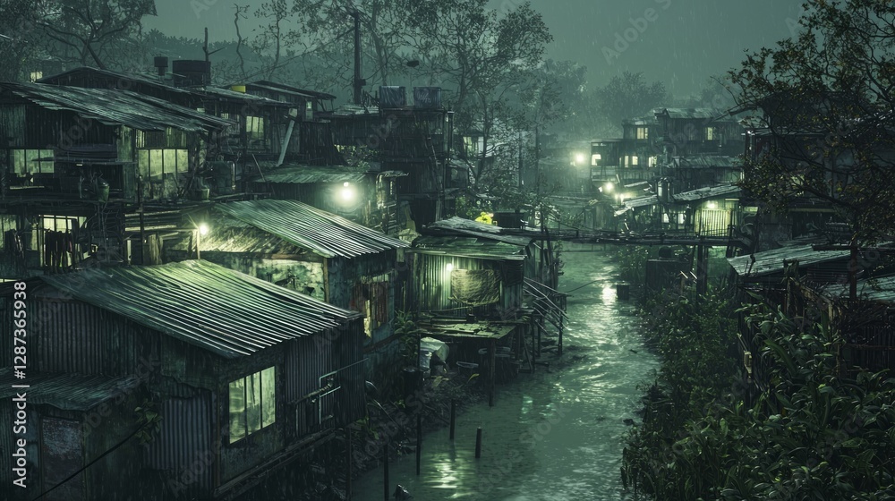 Obraz premium Overcrowded Tin Roof Dwellings in Rainy Urban Environment