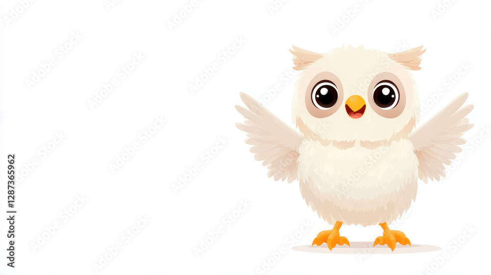 Fluffy cartoon owl flapping its wings joyfully on white background Fluffy cartoon owl flapping its wings joyfully on white background