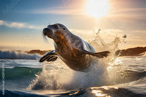 Foca saltando fuera del agua en un océano frío, con salpicaduras y luz solar brillante