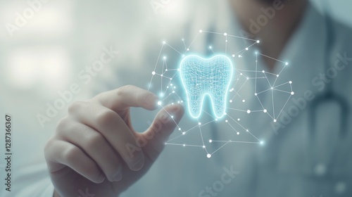  Doctor touching hand on glowing blue tooth icon surrounded by connected dots and lines forming internet network in digital style, background blurred with laboratory white tones 