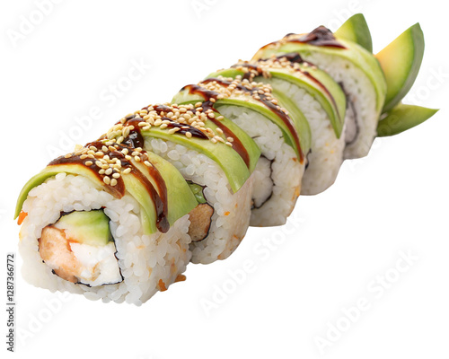 Caterpillar Sushi Roll with creamy cheese, tender eel, crab, and fresh avocado and Sesame, isolated on white background. High quality photo